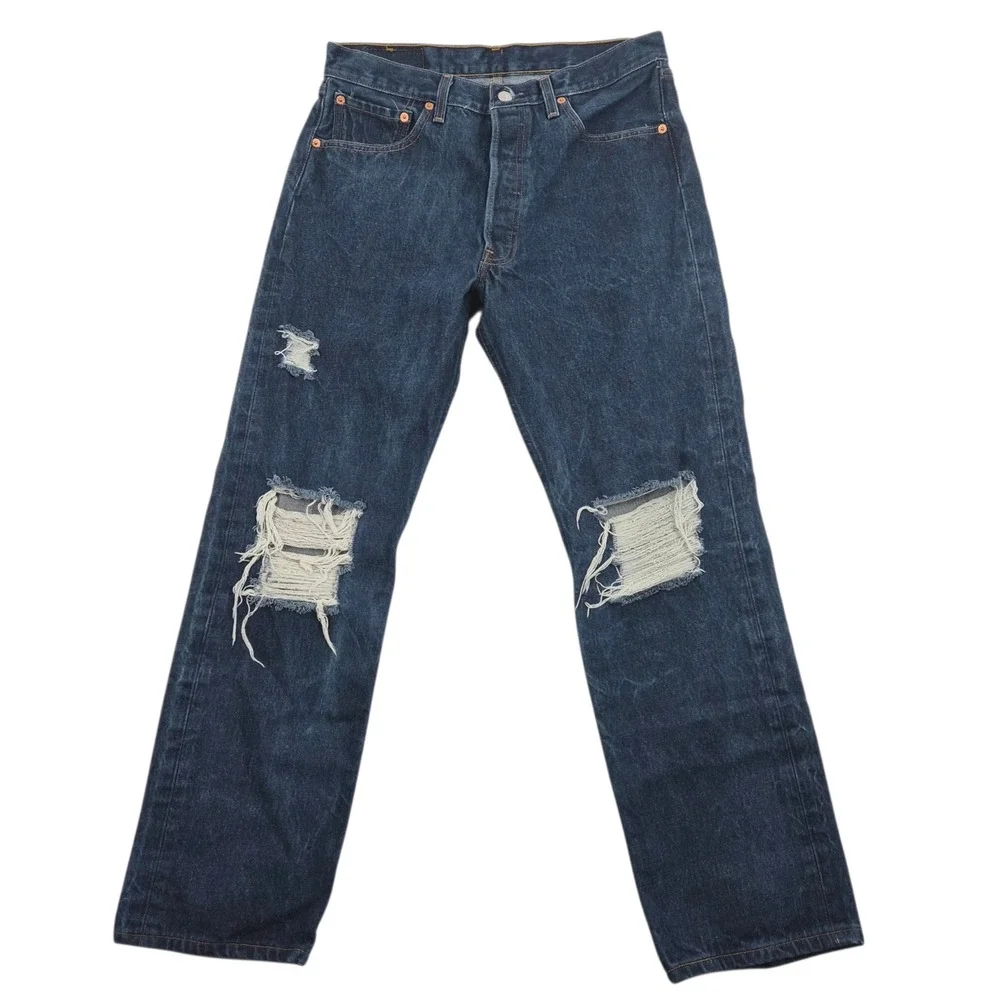 Levis 501xx Mens Distressed Straight Leg Jeans Dark Wash Button‎ Fly 34x33